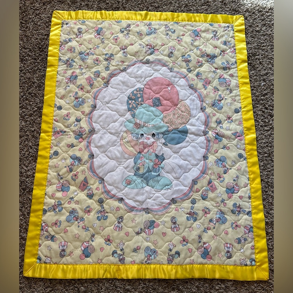 Vintage Precious Moments Baby Blanket Comforter Clown & Balloons Satin Trim
